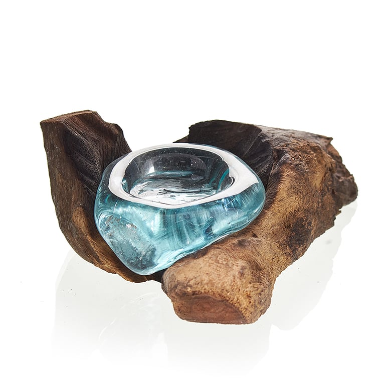 Wooden Candle Holder - Decorative Molten Glass Design