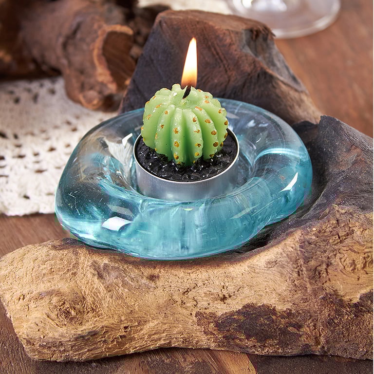 Wooden Candle Holder - Decorative Molten Glass Design
