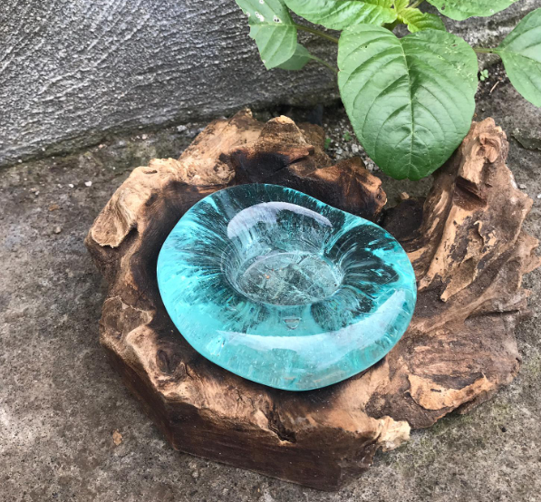 Wooden Candle Holder - Decorative Molten Glass Design