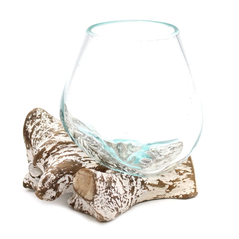 Small Glass Bowl (Molten Glass on Whitewash Wood) - Handcrafted Elegance