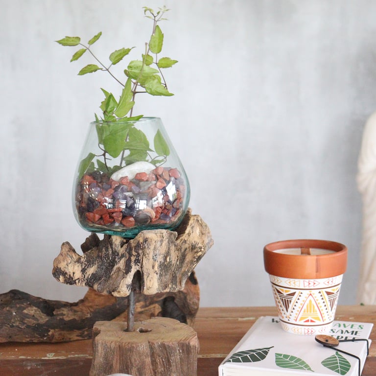 Glass Bowl on Wood Stand (Medium) - Handcrafted Molten Design