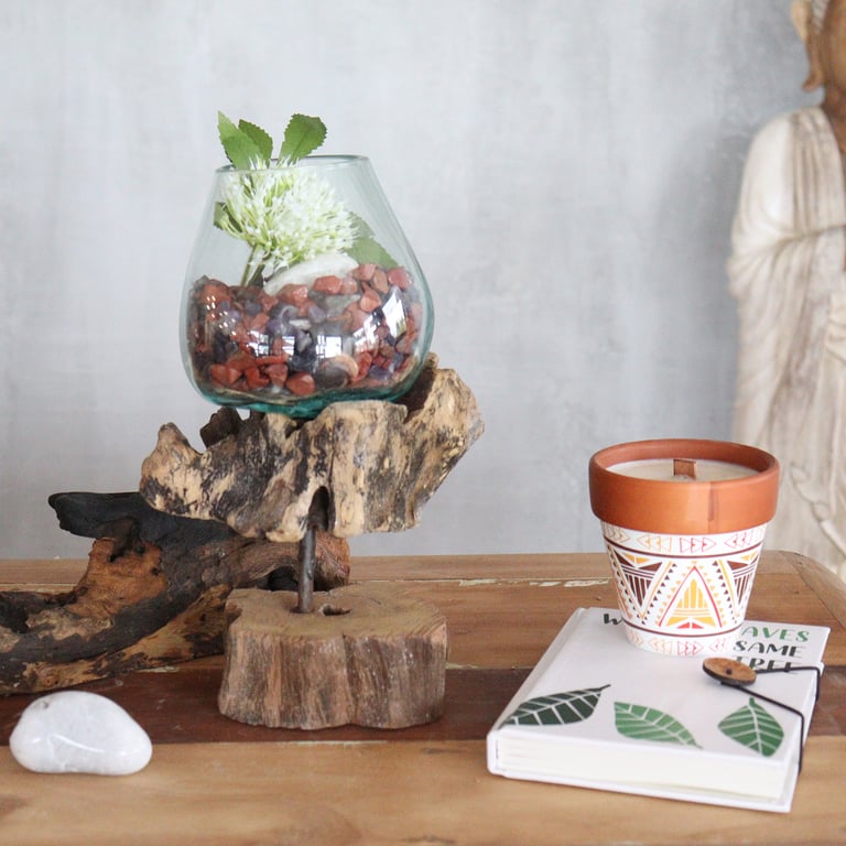 Glass Bowl on Wood Stand (Medium) - Handcrafted Molten Design