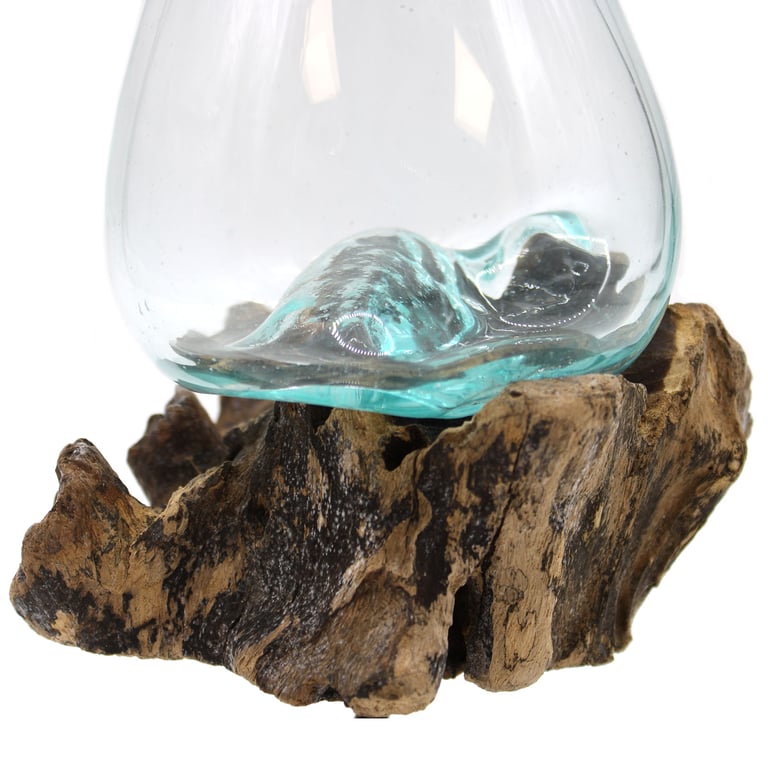 Glass Bowl on Wood Stand (Medium) - Handcrafted Molten Design