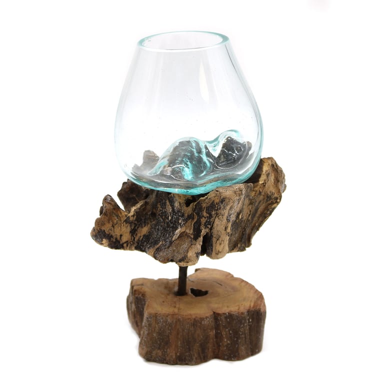 Glass Bowl on Wood Stand (Medium) - Handcrafted Molten Design