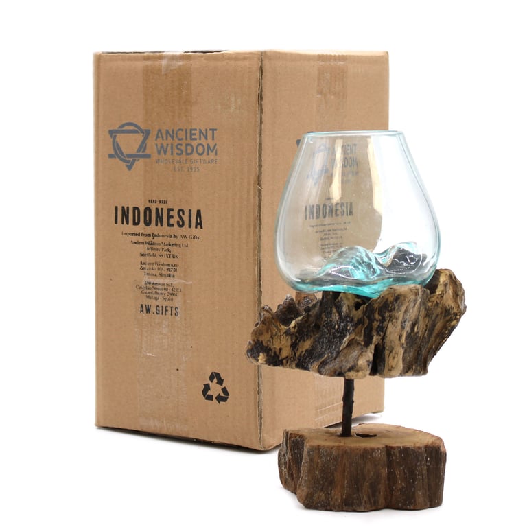 Glass Bowl on Wood Stand (Medium) - Handcrafted Molten Design