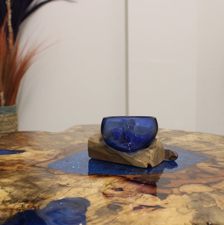 Mini Blue Glass Bowl on Wood (Molton Glass) - Durable & Aesthetic Design