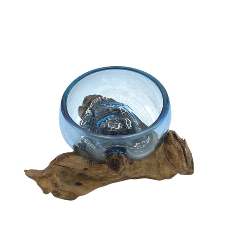 Mini Blue Glass Bowl on Wood (Molton Glass) - Durable & Aesthetic Design