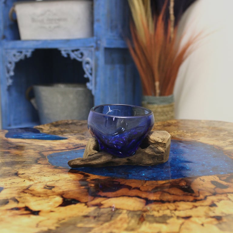 Mini Blue Glass Bowl on Wood (Molton Glass) - Durable & Aesthetic Design