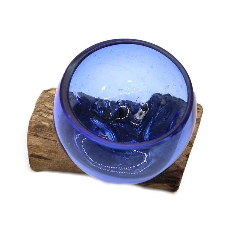 Mini Blue Glass Bowl on Wood (Molton Glass) - Durable & Aesthetic Design