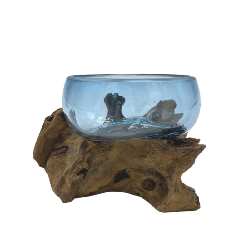 Mini Blue Glass Bowl on Wood (Molton Glass) - Durable & Aesthetic Design