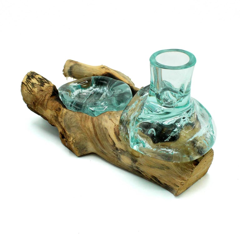 Glass Flower Vase & Tealight Holder (Wood Base) - Molten Glass