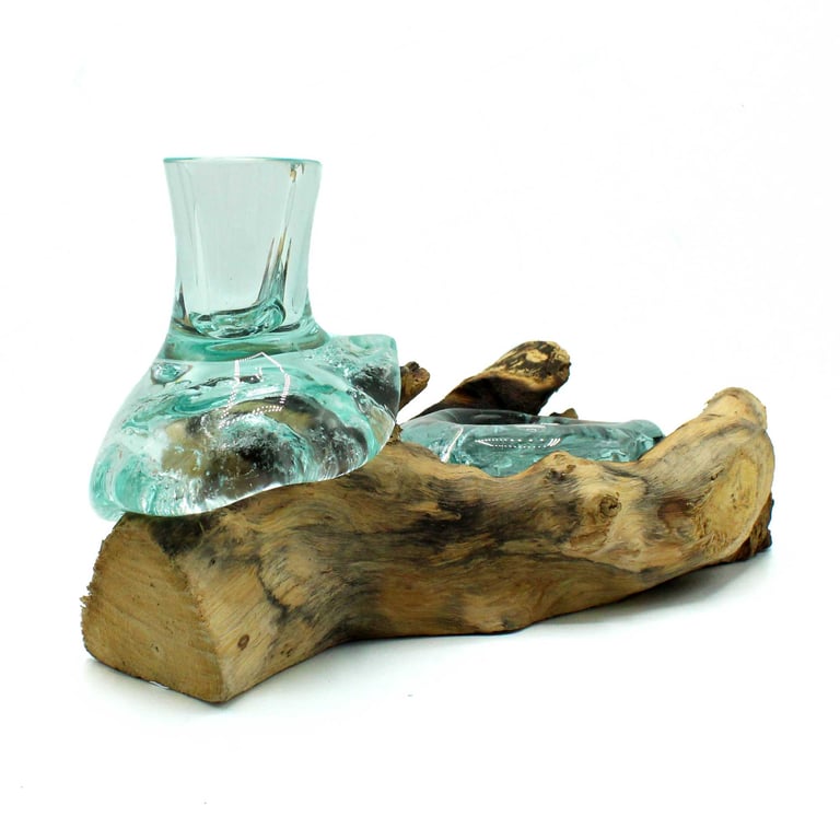 Glass Flower Vase & Tealight Holder (Wood Base) - Molten Glass