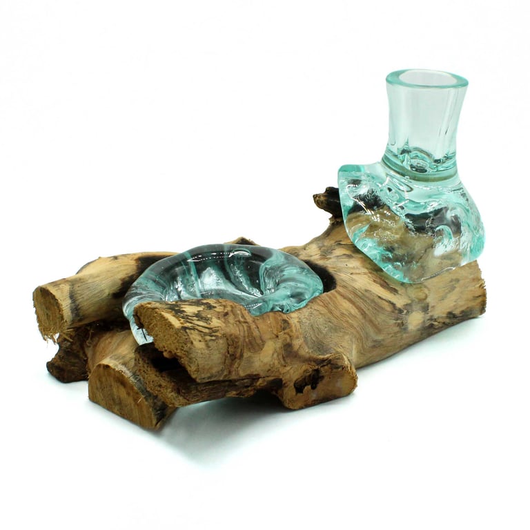 Glass Flower Vase & Tealight Holder (Wood Base) - Molten Glass