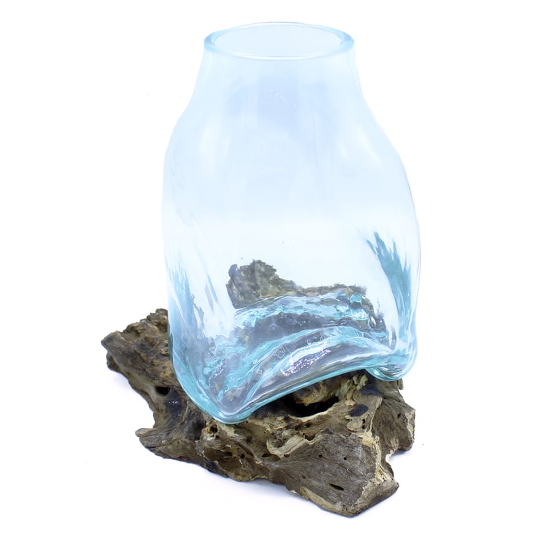 Large Molten Glass Terrarium Vase - Wood Base Jar