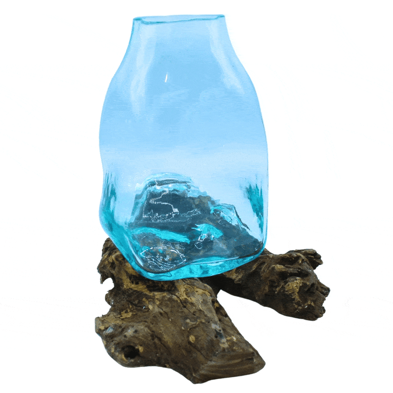 Large Molten Glass Terrarium Vase - Wood Base Jar
