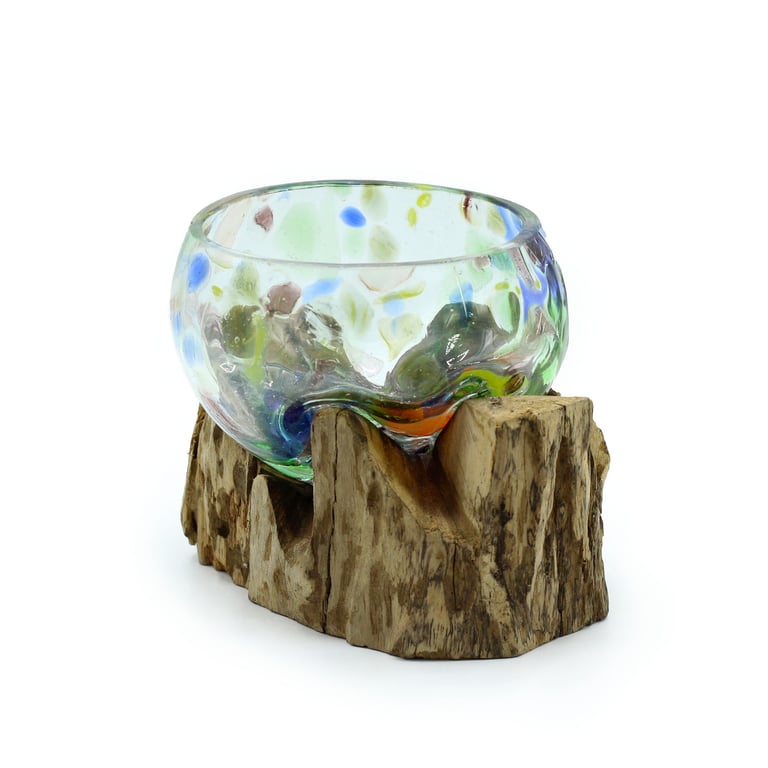 Coloured Glass Bowl (Small) - Handcrafted on Wood Base