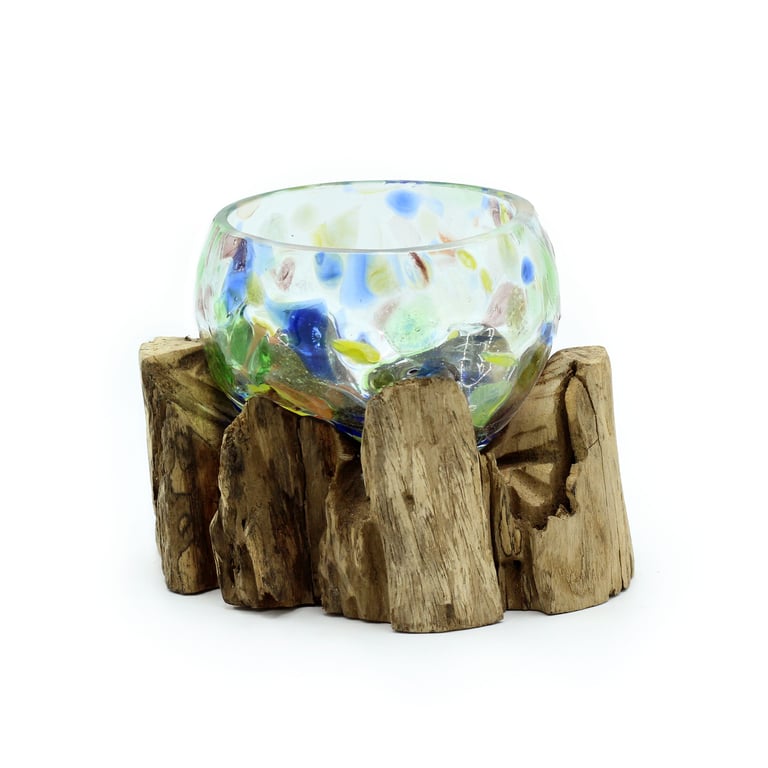 Coloured Glass Bowl (Small) - Handcrafted on Wood Base