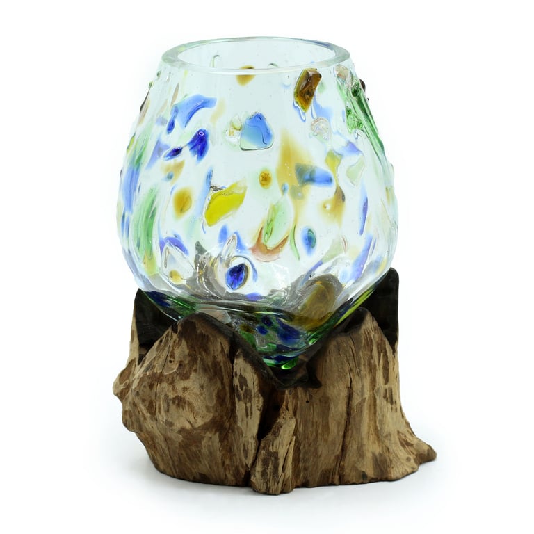 Colored Glass Bowl (Medium) on Wood - Durable Artisan Crafted