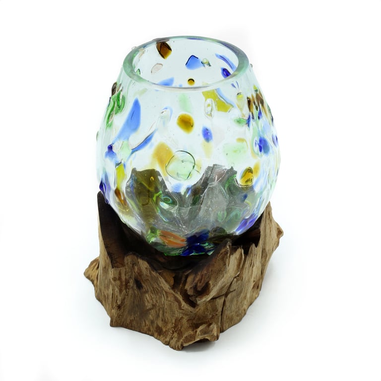 Colored Glass Bowl (Medium) on Wood - Durable Artisan Crafted