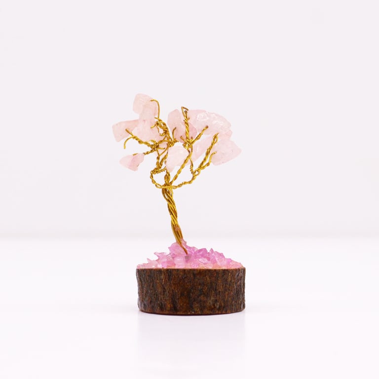 Mini Rose Quartz Gemstone Tree on Wooden Base - 15 Stones for Crystal Healing and Decor