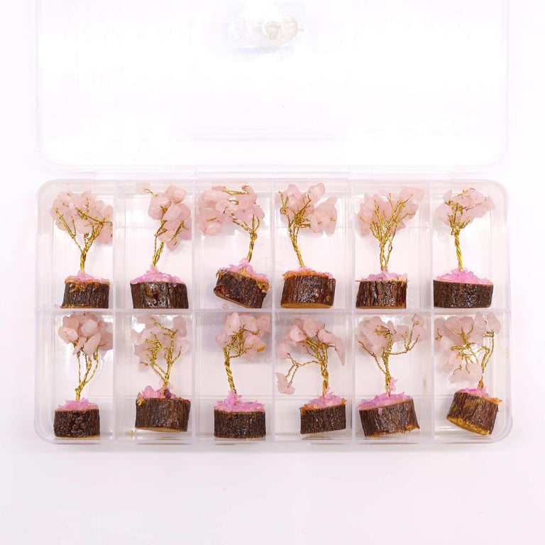 Mini Rose Quartz Gemstone Tree on Wooden Base - 15 Stones for Crystal Healing and Decor