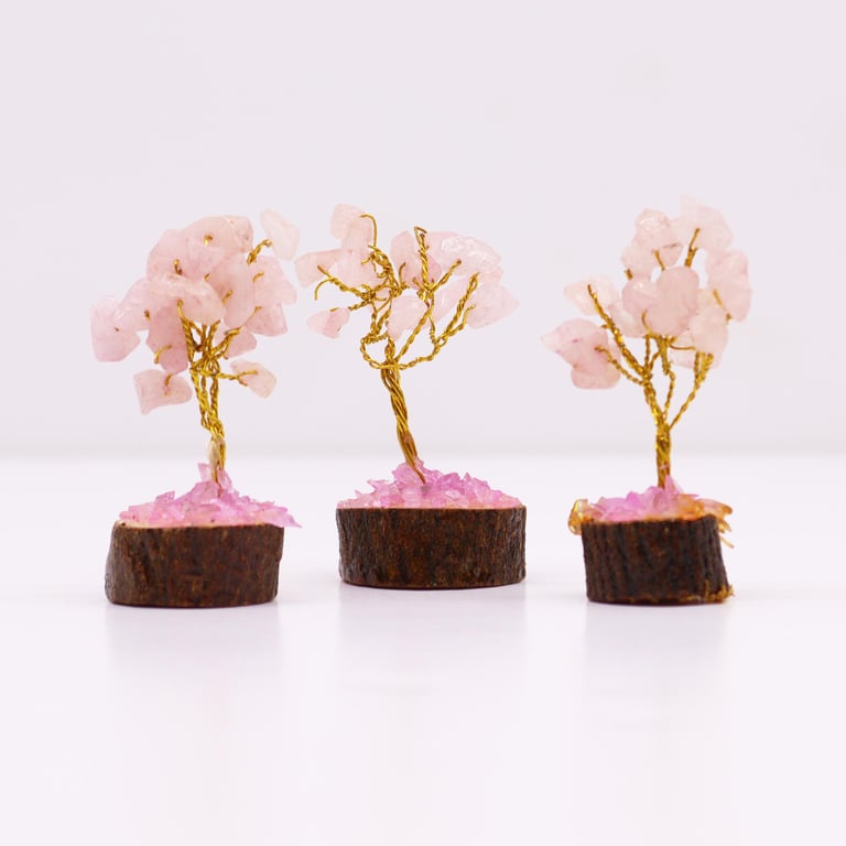 Mini Rose Quartz Gemstone Tree on Wooden Base - 15 Stones for Crystal Healing and Decor