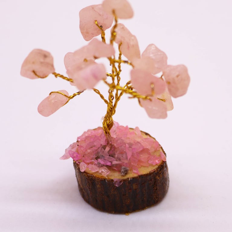 Mini Rose Quartz Gemstone Tree on Wooden Base - 15 Stones for Crystal Healing and Decor