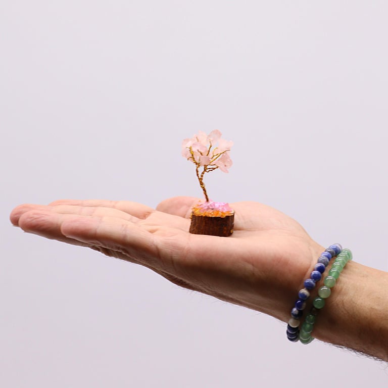 Mini Rose Quartz Gemstone Tree on Wooden Base - 15 Stones for Crystal Healing and Decor