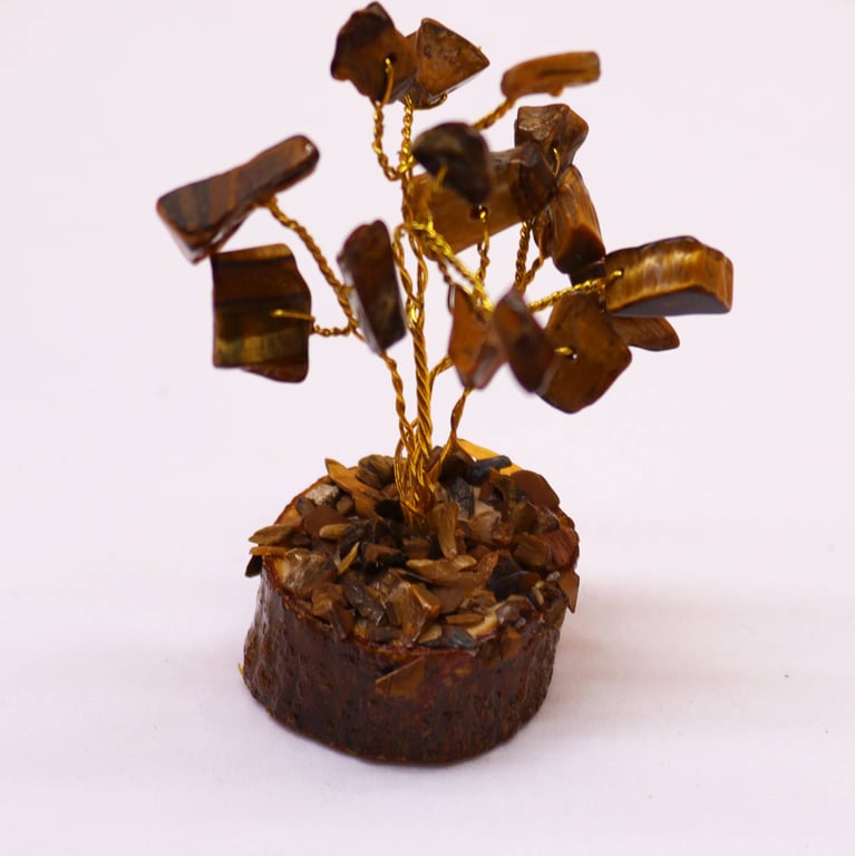 Mini Gemstone Tree on Wood Base with 15 Tigereye Stones - Gemstone Decor & Jewelry Display Stand