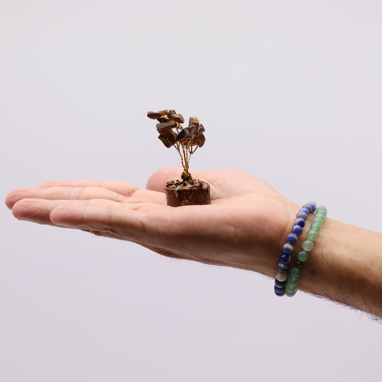 Mini Gemstone Tree on Wood Base with 15 Tigereye Stones - Gemstone Decor & Jewelry Display Stand