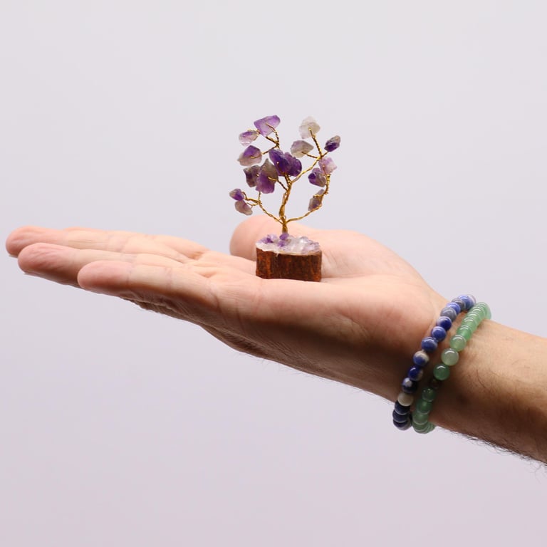 Mini Gemstone Tree on Wood Base - 15 Amethyst Stones Crystal Jewelry Display Stand