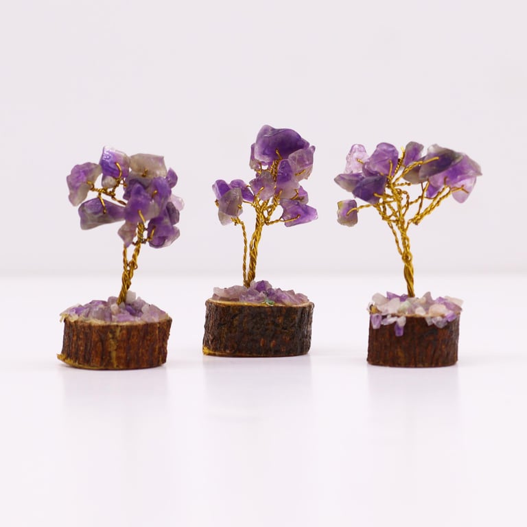 Mini Gemstone Tree on Wood Base - 15 Amethyst Stones Crystal Jewelry Display Stand