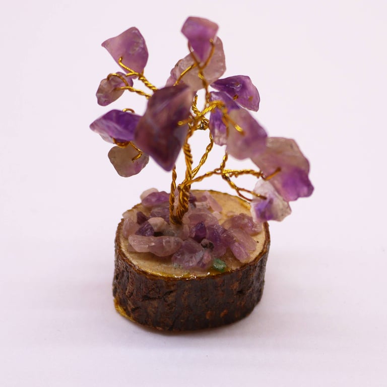 Mini Gemstone Tree on Wood Base - 15 Amethyst Stones Crystal Jewelry Display Stand