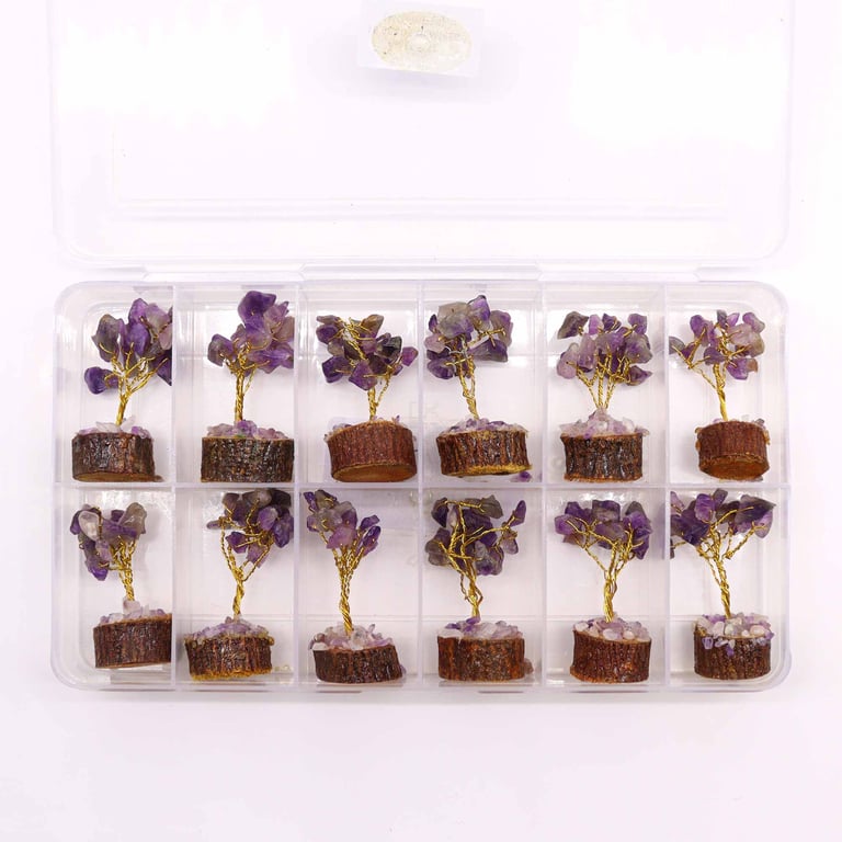 Mini Gemstone Tree on Wood Base - 15 Amethyst Stones Crystal Jewelry Display Stand