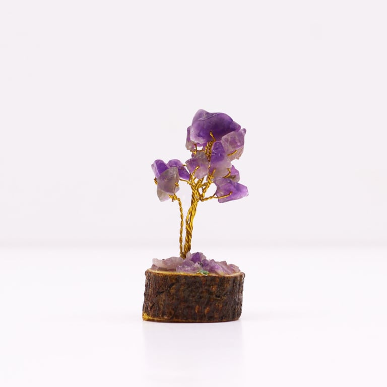 Mini Gemstone Tree on Wood Base - 15 Amethyst Stones Crystal Jewelry Display Stand