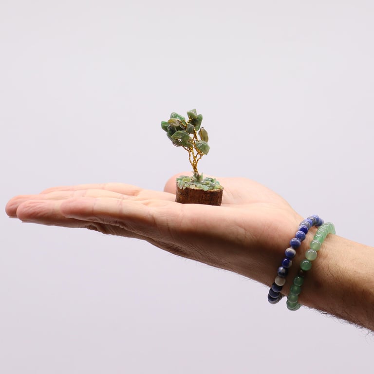 Mini Gemstone Tree on Wood Base - 15 Green Aventurine Stones, Small Crystal Decorative Tree for Home or Office