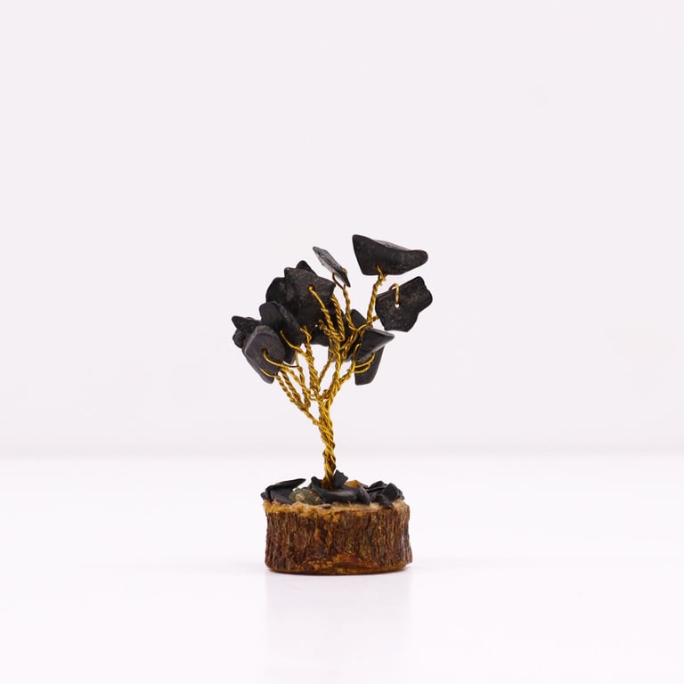 Mini Black Agate Gemstone Tree on Wooden Base, 15-Stone Decoration