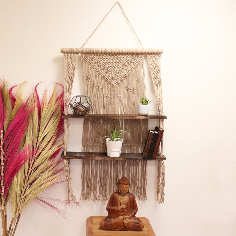 Macrame Hanging Shelves - Handcrafted Brown - HomeDecorum