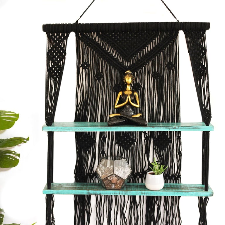 Turquoise Macrame Hanging Shelves - Black & Functional