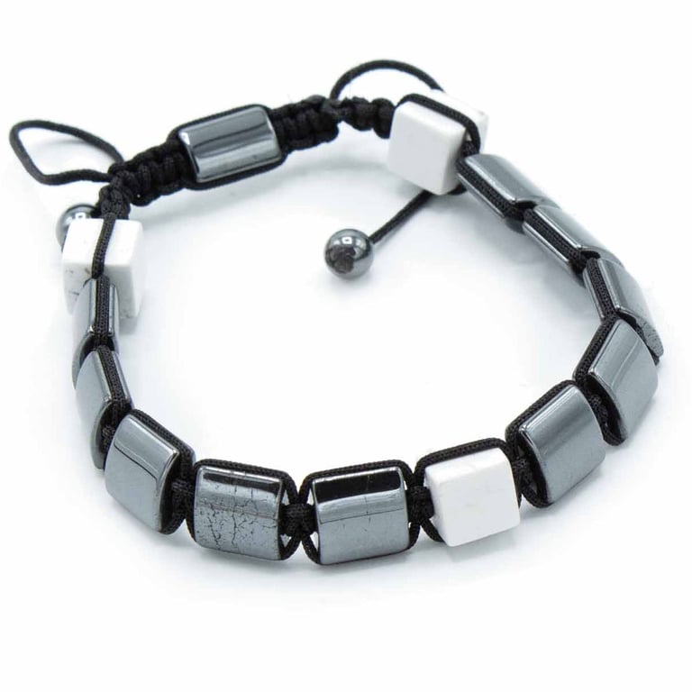 Magnetic Hematite Shamballa Bracelet - White Jasper Cuboids, Boho Style Magnetic Stone Jewelry