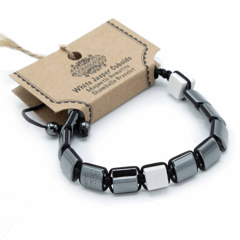 Magnetic Hematite Shamballa Bracelet - White Jasper Cuboids, Boho Style Magnetic Stone Jewelry