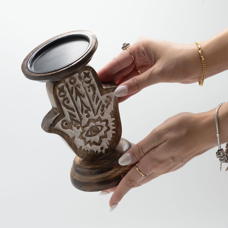 Mango Wood Hamsa Small Candle Stand Holder - Natural Wooden Decor