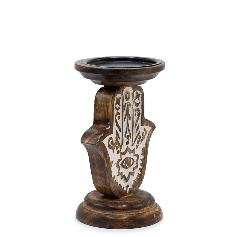 Mango Wood Hamsa Small Candle Stand Holder - Natural Wooden Decor