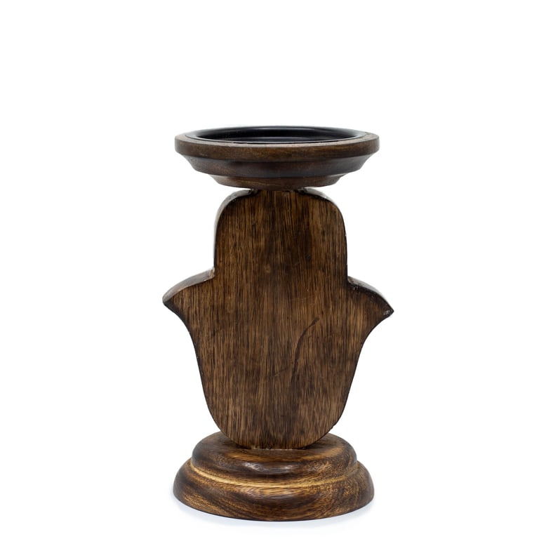 Mango Wood Hamsa Small Candle Stand Holder - Natural Wooden Decor