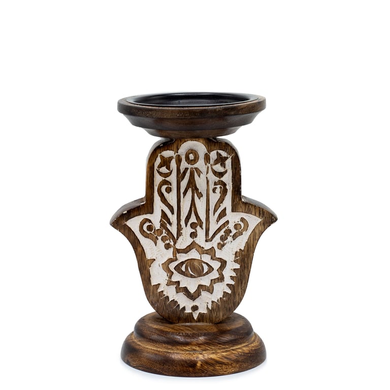 Mango Wood Hamsa Small Candle Stand Holder - Natural Wooden Decor