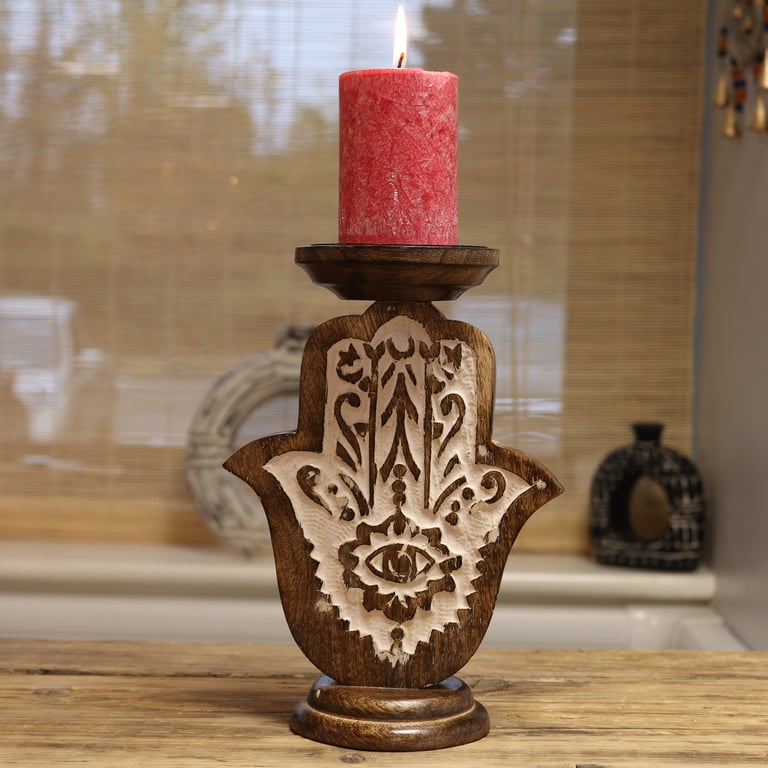 Mango Wood Hamsa Small Candle Stand Holder - Natural Wooden Decor