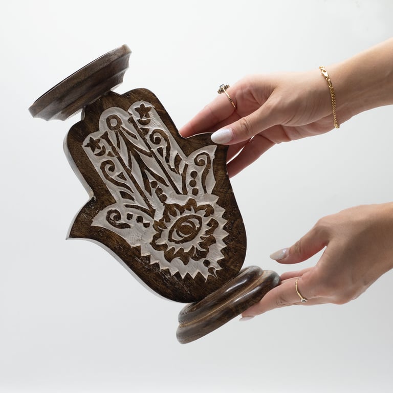 Large Mango Wood Hamsa Candle Stand - Elegant Wooden Decor for Home Candle Holder
