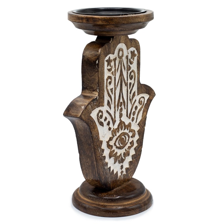 Large Mango Wood Hamsa Candle Stand - Elegant Wooden Decor for Home Candle Holder