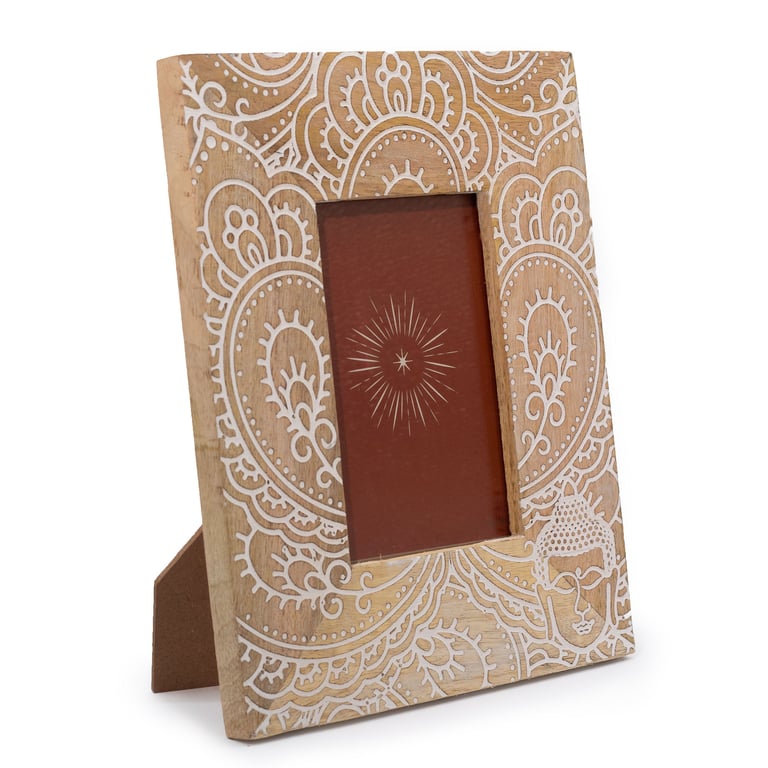 Mango Wood Buddha Picture Frame - 10x15cm White Wooden Meditation Focus Wall Decor