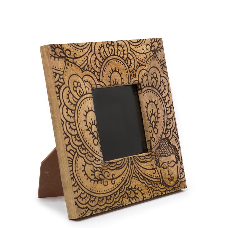Mango Wood Picture Frame 10x15cm - Buddha Design - Small Wooden Photo Frame Black